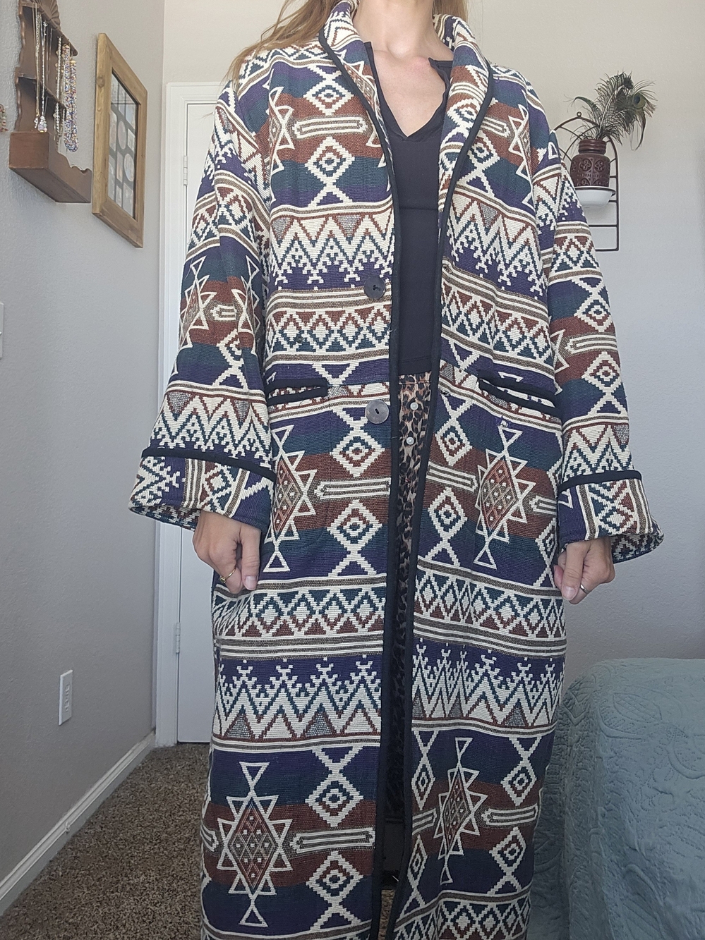 Vintage Tapestry Aztec Long Coat - Navy, Brown & Cream